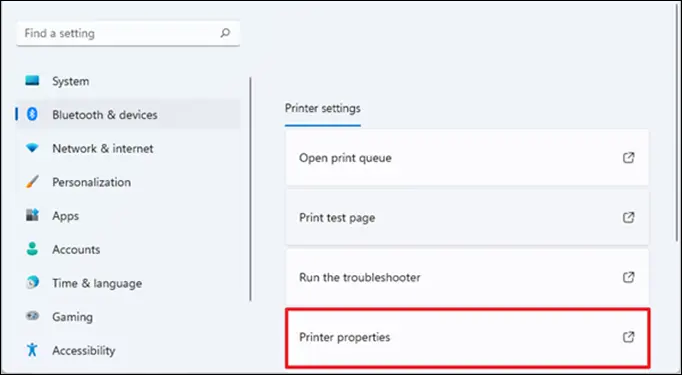 Bạn nhấp vào Printer properties để mở cửa sổ thuộc tính của máy in.
