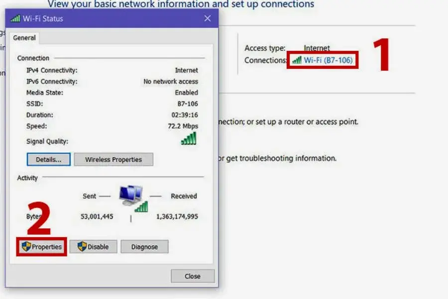 Chọn kết nối Wi-Fi trong phần Connections, sau đó chọn Properties trong cửa sổ Wi-Fi Status.