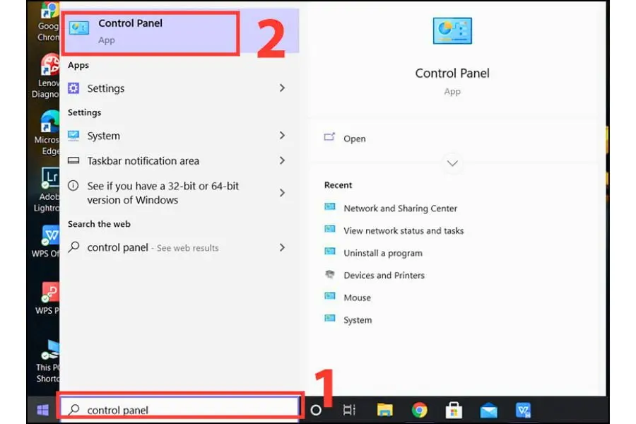 Từ thanh tìm kiếm của Windows, gõ từ khóa “control panel” và chọn Control Panel khi hiển thị kết quả.