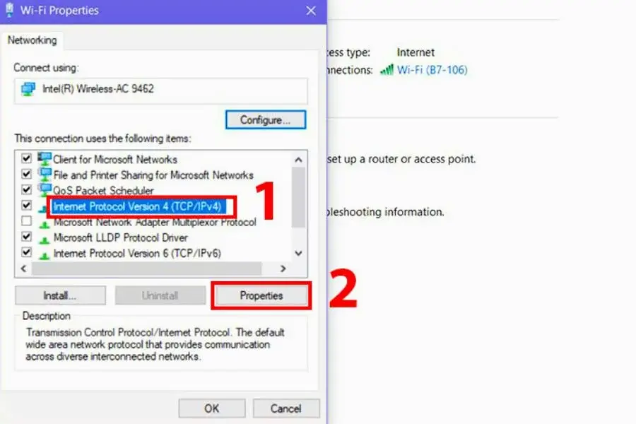 Tiếp tục chọn Internet Protocol Version 4 (TCP/IPv4) và nhấn Properties.