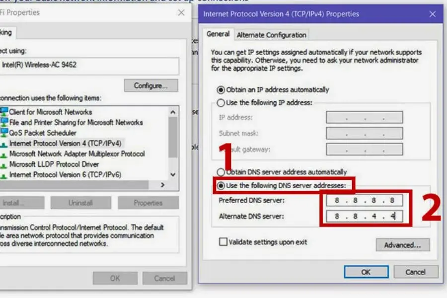 Kiểm tra ô Use the following DNS server address nếu chưa được chọn. Sau đó, nhập địa chỉ DNS thủ công vào các ô Preferred DNS server và Alternate DNS server.