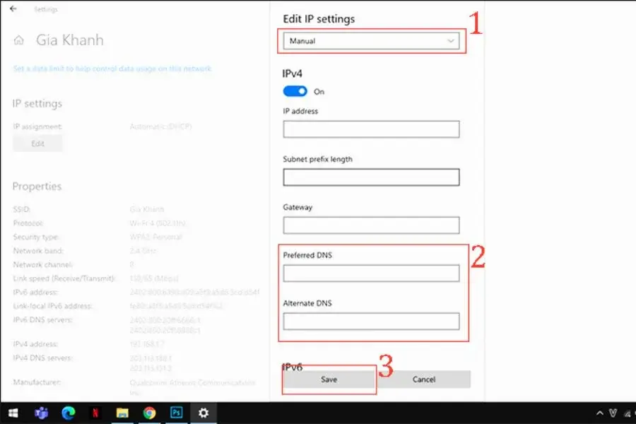 Nhập DNS vào ô Preferred DNS và Alternate DNS (nếu cần). Lưu lại bằng cách nhấn nút Save.