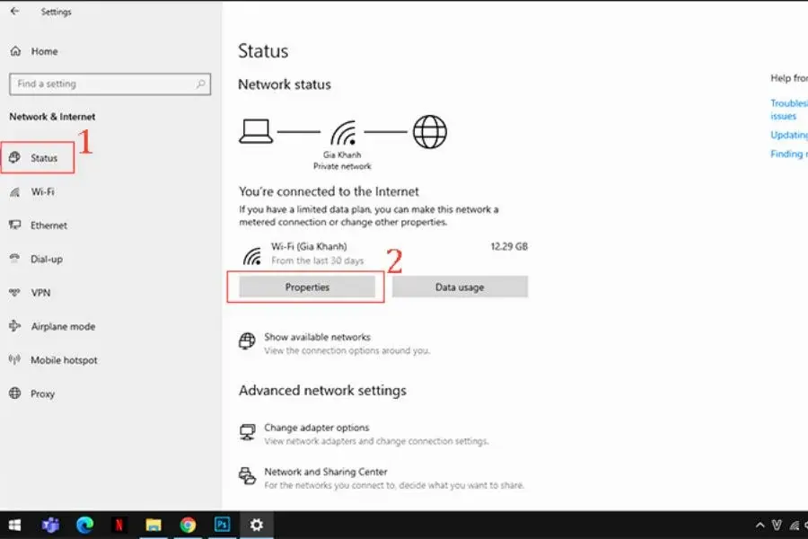 Nhấn vào Status và chọn Properties trong phần WiFi, sau đó bấm Edit.
