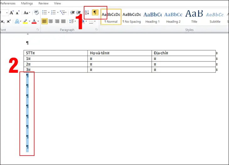 Nhấn biểu tượng Paragraph, bôi đen khoảng trắng có ký tự Paragraph.