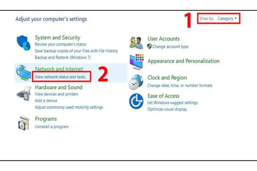 Trong cửa sổ Control Panel, chọn View by và chọn Category, sau đó chọn View network status and tasks.