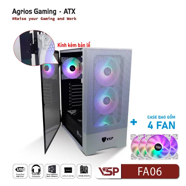 Vỏ Case Máy Tính VSP Gaming FA06 - Trắng + 4Fans Led