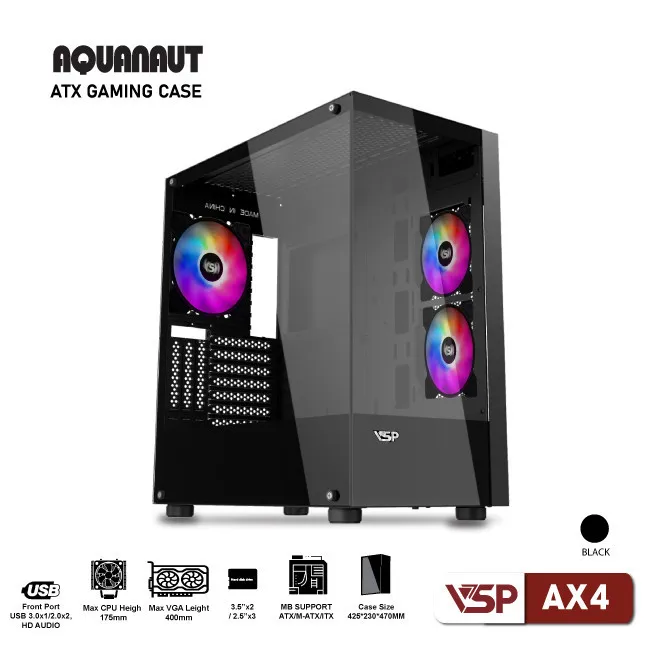 VỎ CASE MÁY TÍNH GAMING AQUANAUT AX4 2 MẶT KÍNH - Đen (Chưa bao gồm Fan màu )