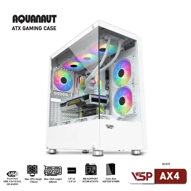 VỎ CASE MÁY TÍNH GAMING AQUANAUT AX4 2 MẶT KÍNH - TRẮNG (Chưa bao gồm Fan màu)