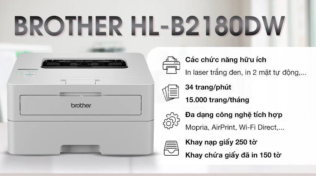 Máy in Laser đen trắng đơn năng Brother HL-B2180DW (A4 | In đảo mặt | USB | WIFI)
