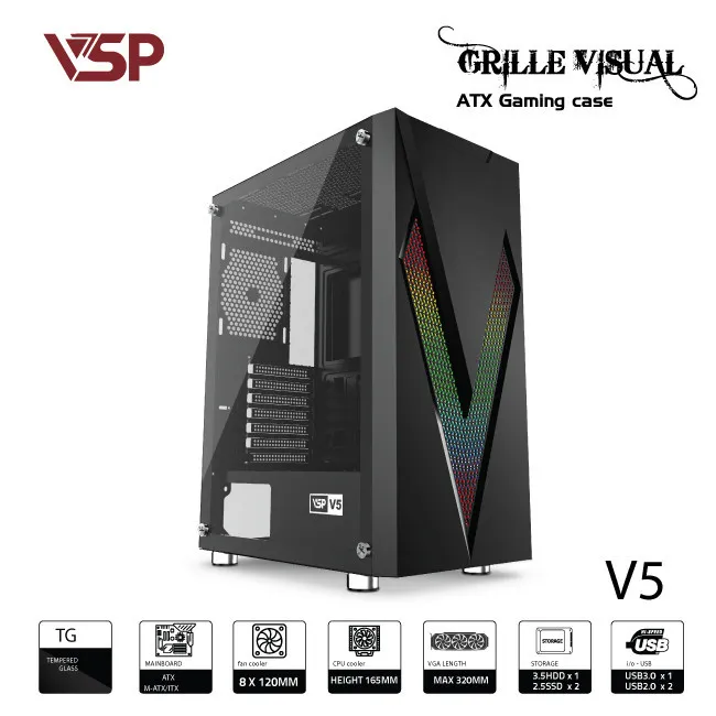 VỎ CASE MÁY TÍNH VSP V5 - ĐEN (Chưa fan màu)