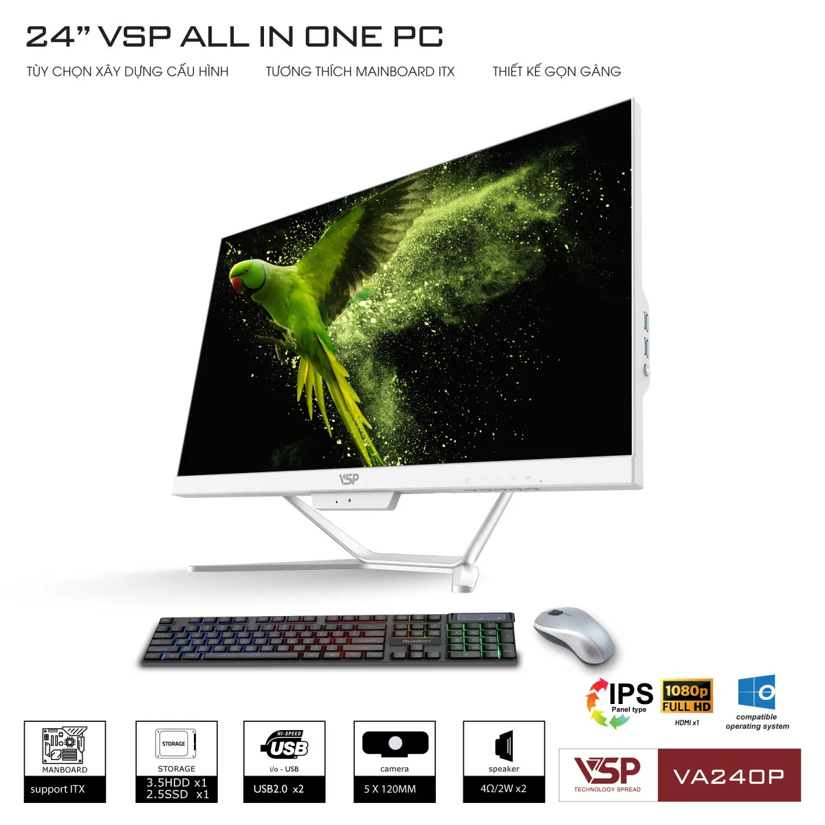 Máy tính để bàn VSP All in One VA240P - FHD White/ Black