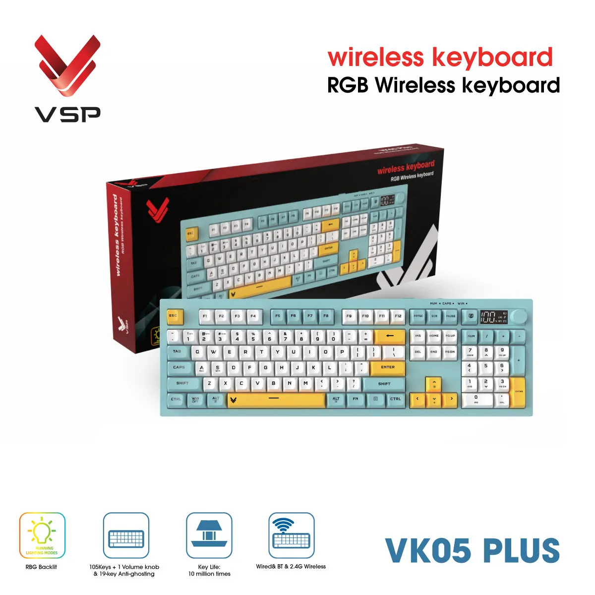 Bàn Phím Không Dây 3 Chế Độ VSP VK05 Plus