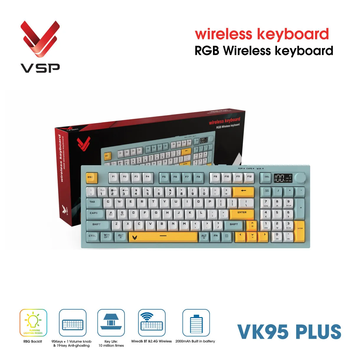 Bàn Phím Không Dây 3 Chế Độ VSP VK95 Plus
