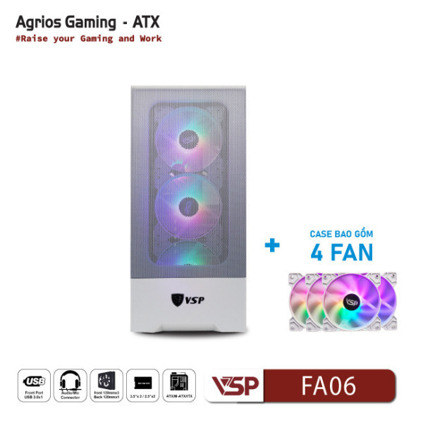 FA06 - Vỏ Case Máy Tính VSP Gaming FA06 - Trắng + 4Fans Led - 2