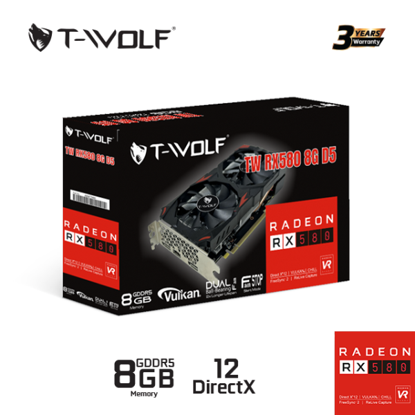 TW-RX580 - Card màn hình T-WOLF TW-RX580 8G D5 ĐEN (RX580 8GB GRRD5 256bit DP-HDMI-DP 2Fan - 2