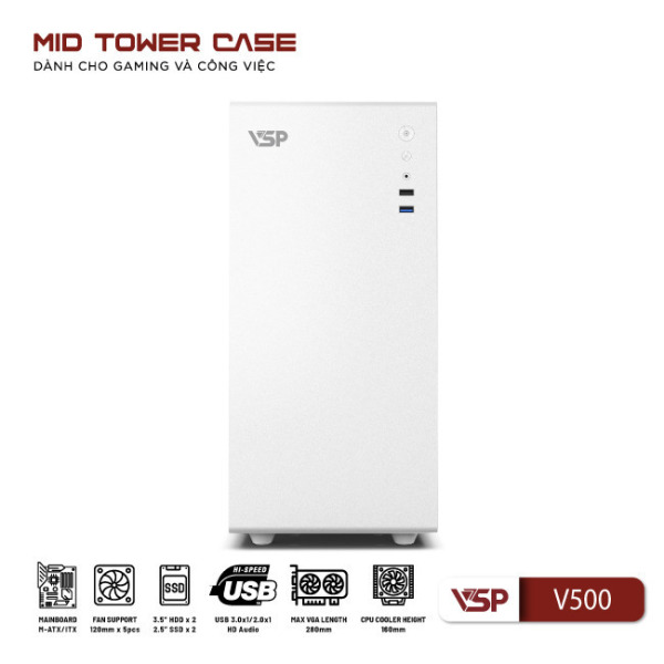 V500-TRắNG - Vỏ Case máy tính VSP V500 - Trắng - 2