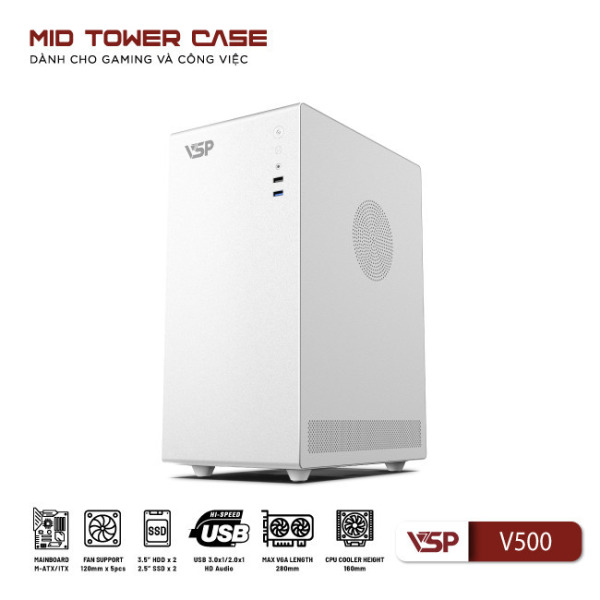 V500-TRắNG - Vỏ Case máy tính VSP V500 - Trắng - 3