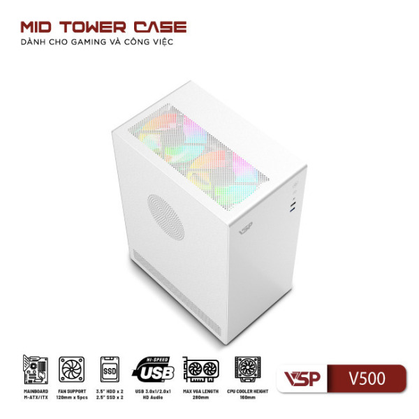 V500-TRắNG - Vỏ Case máy tính VSP V500 - Trắng - 5