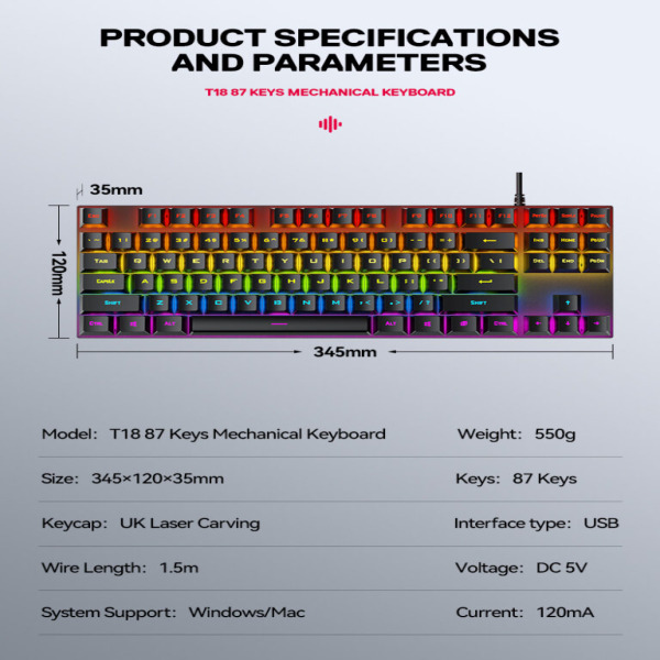 T-WOLF T18 - Keyboard T-WOLF T18 Black Chính hãng (Phím cơ, 87 key, Blue Switch, 12 chế độ LED) - 2