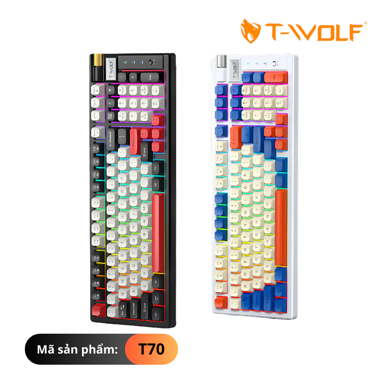 T-WOLF T70 - KEYBOARD T-WOLF T70 (White 97 key RED Switch RGB LED Bluetooth-Wireless-TypeC USB Rotate Button 870g 2000mA 1.5m) - 2