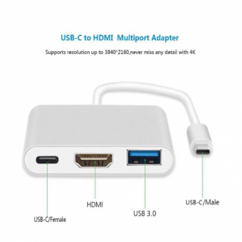 Cáp Type-C ->Usb 3.0 (lỗ) + Hdmi (lỗ) 4k + Type-C/PD (lỗ) dây 15cm