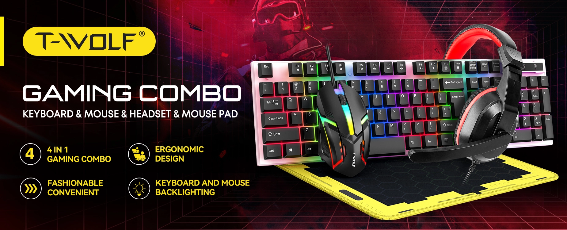 TF240 - COMBO T-Wolf TF240 Usb Game Led (Mouse Pad, Head Phone, Keyboard, Mouse)