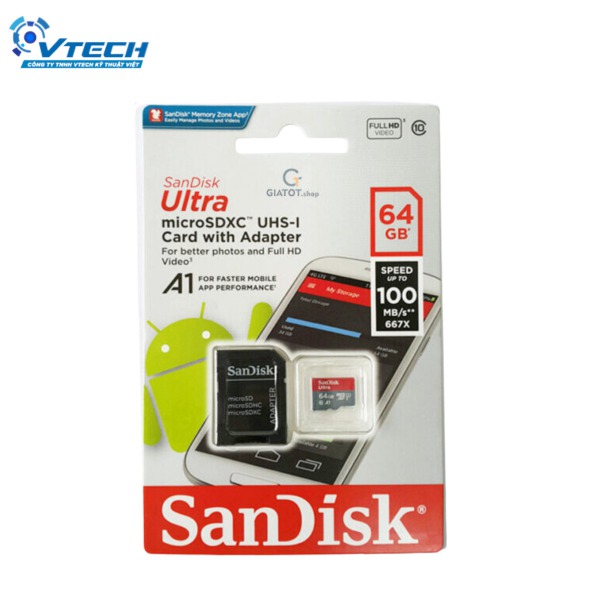 Thẻ nhớ Micro SD 64GB Sandisk Ultra Class 10 UHS-I 100Mb/s chuyên dùng ghi hình cho camera IP