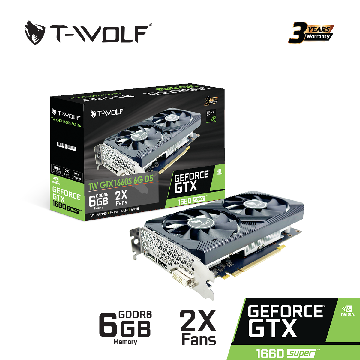VGA T-WOLF TW-GTX1660S 6G D6 (GTX1660S/6GB/GRRD6/192bit/DVI-HDMI-DP/2Fan/8pin)