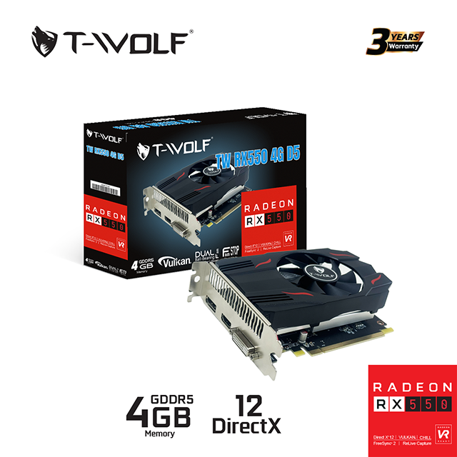 VGA T-WOLF TW-RX550 4G D5 (RX550/4GB/GRRD5/128bit/HDMI-DP-DVI/1Fan)