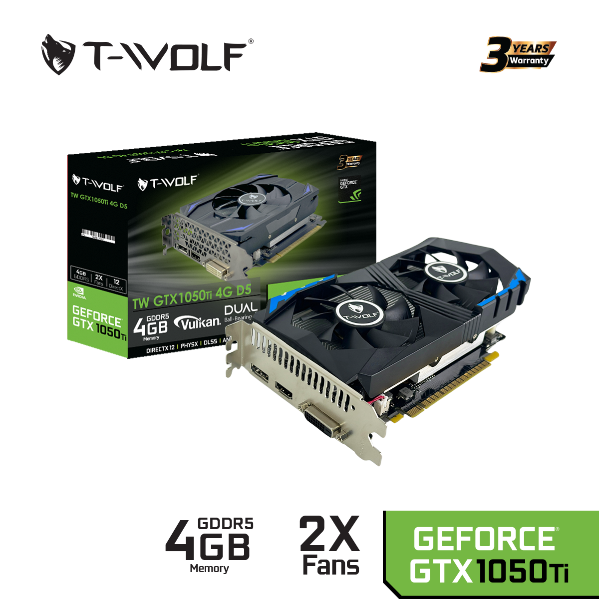 Card màn hình T-WOLF GTX 1050Ti 4GB GDDR5 (V2.0) (Bản 2 Fan)