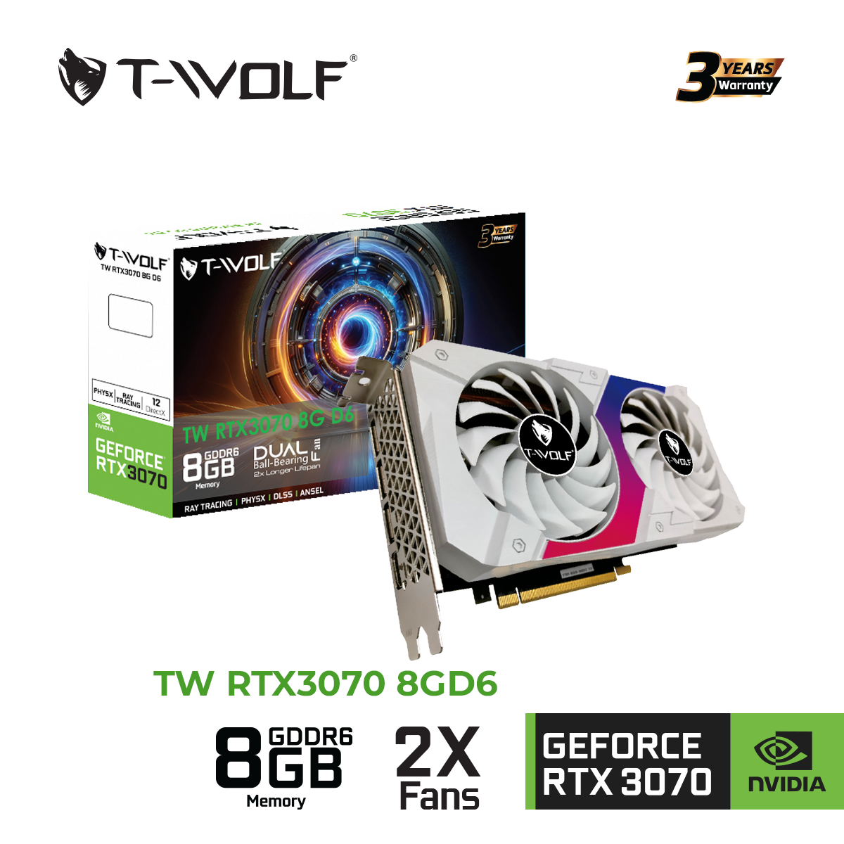 VGA T-WOLF TW-RTX3070 8G D6 (RTX3070/8GB/GDDR6/256bit/HDMI-DP*3/2Fan/8pin*2)